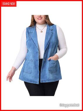 Plus Size Sleeveless Button Down Denim Vest Casual Long Jean Jacket Tunic